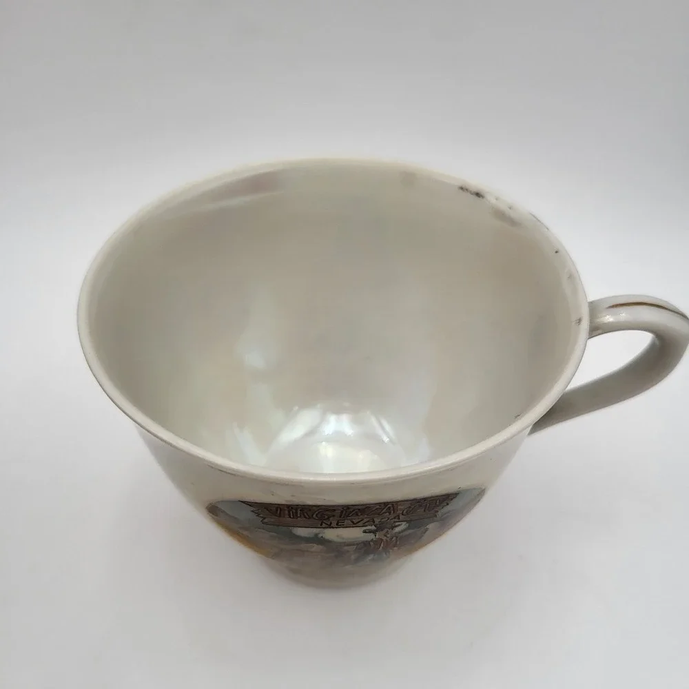 Vintage Souvenir Tea Cup & Saucer Iridescent Virginia City Nevada Prospector